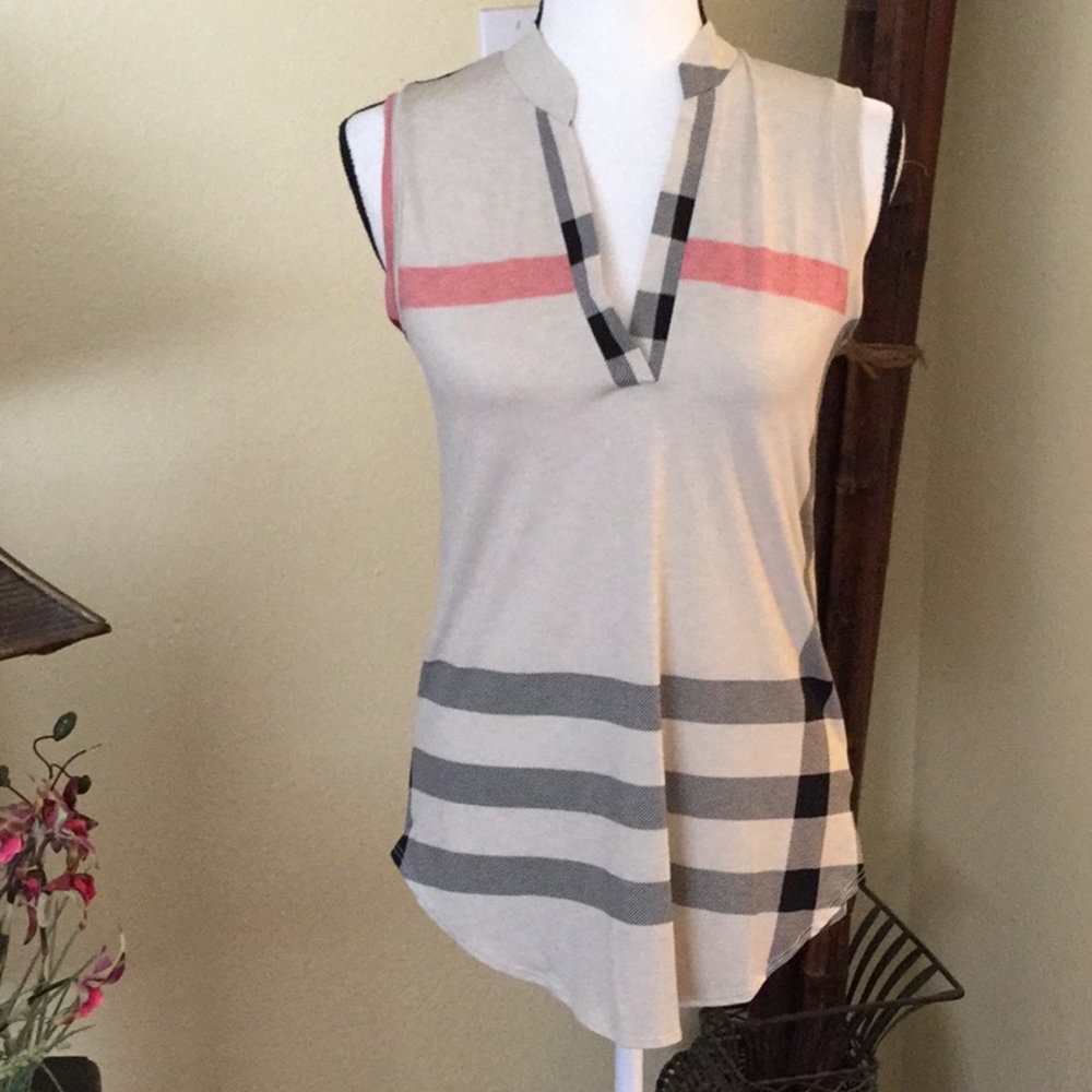 Brand new boutique top, taupe plaid sleeveless